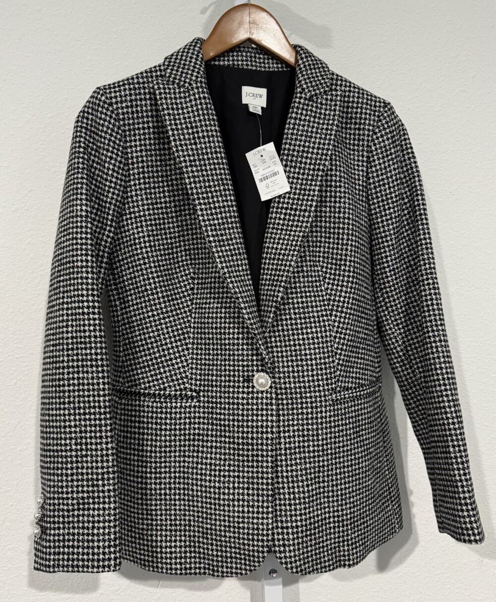 J. Crew Factory Petite Sparkle Houndstooth Blazer Size 2P Black White NWT CE052